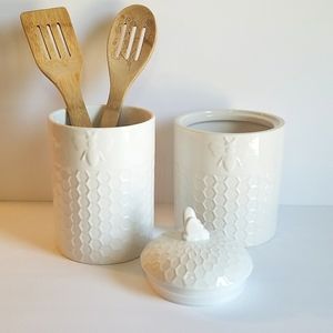 White Honey Bee Comb Kitchen Decor; Canister & Utensils Holder.